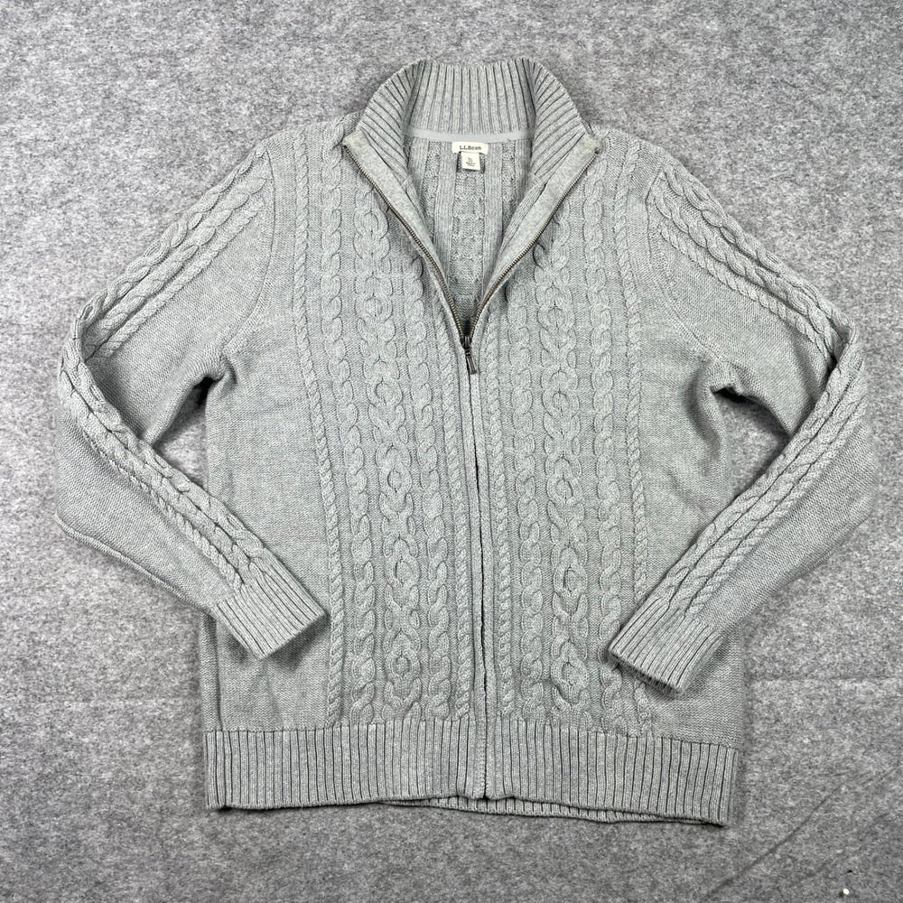 LL Bean Cardigan Sweater Mens XL Gray Full Zip Cable Knit Mock Neck Winter Fall